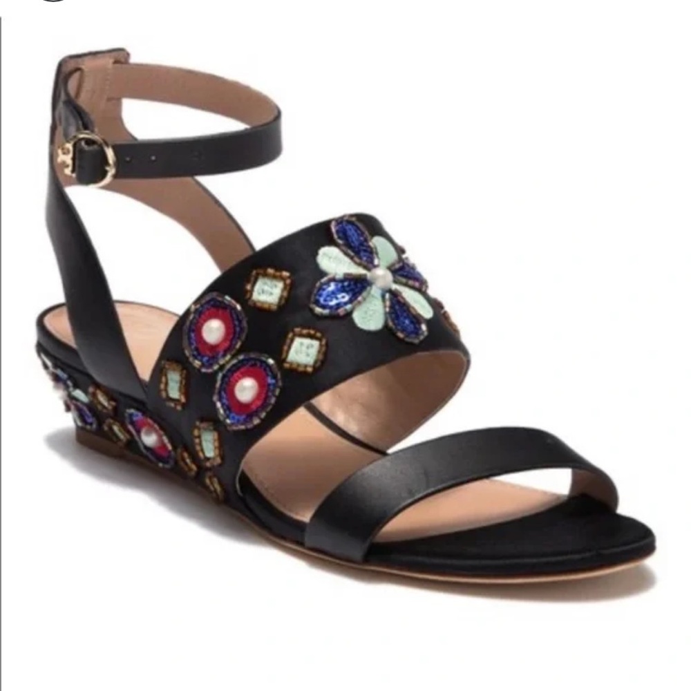 Tory Burch Estella Crystal Beaded Embellished Black Wedge Sandals 6.5